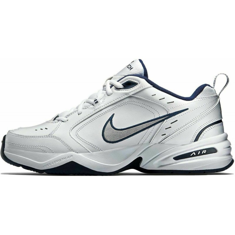 Chaussures de marche Nike Air Monarch IV pour homme, blanc/argent métallique/bleu marine